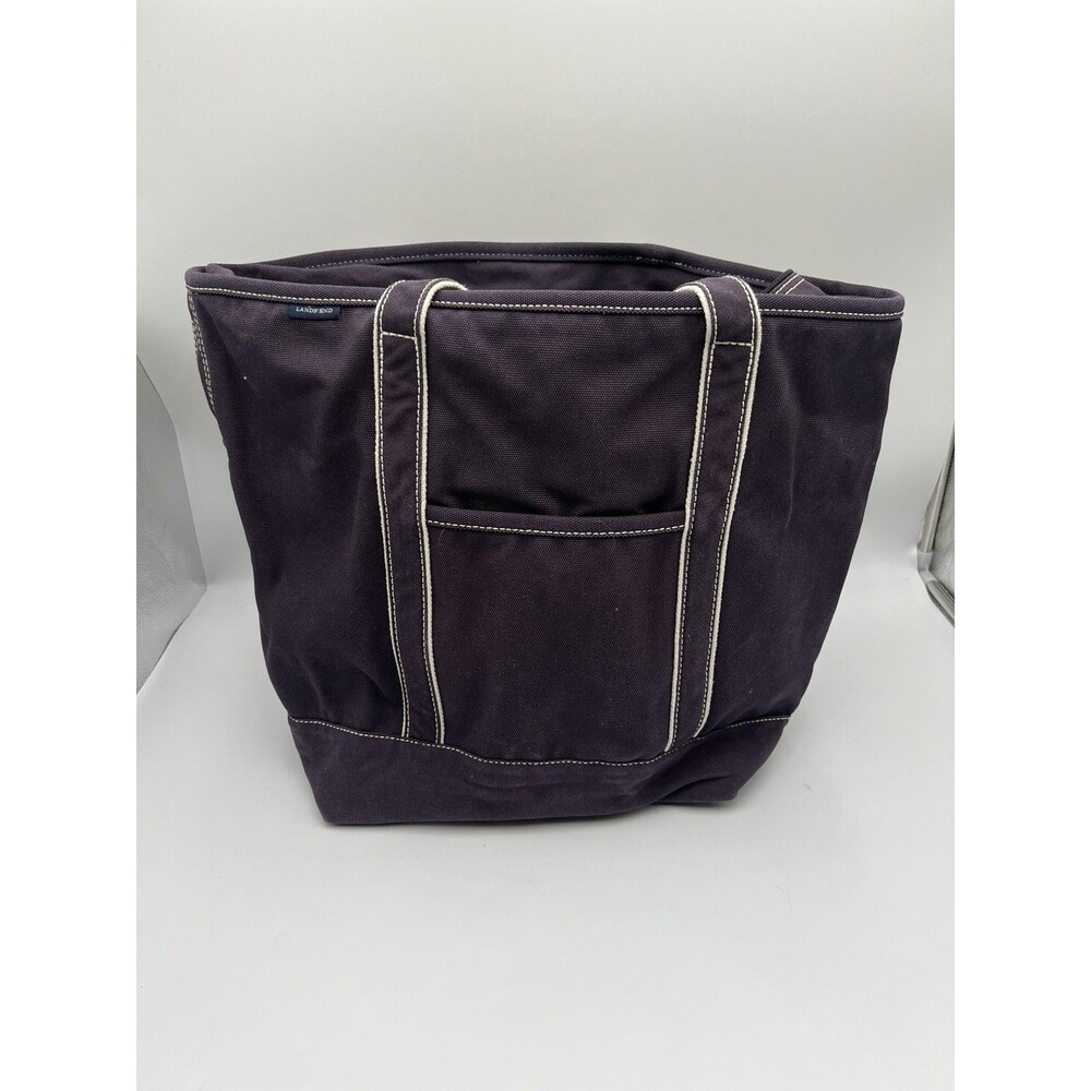 Lands End Navy Cream Large Zip Top Cotton Canvas Bag Durable Tote Bag Purse
